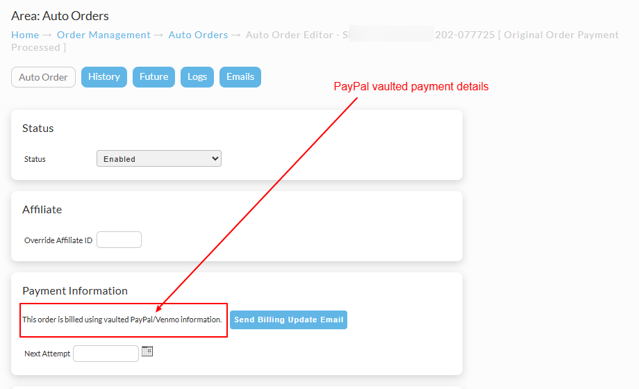Auto order editor Payment Information panel reading "This order is billed using vaulted PayPal/Venmo information", next to a Send Billing Update Email button