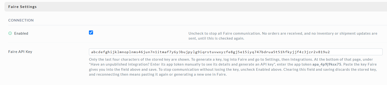 Faire API Key field with a key pasted in, before saving