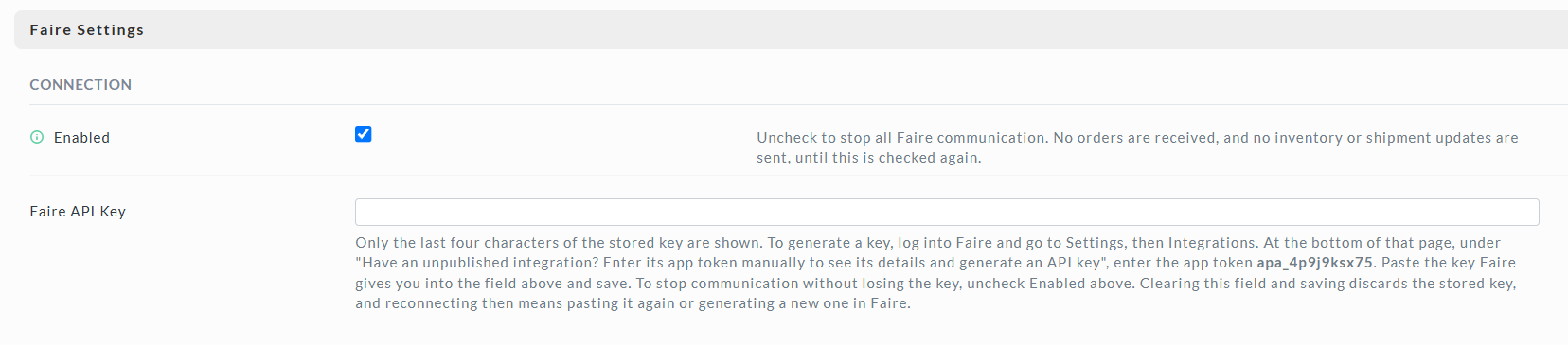 Faire Settings Connection section with the app token in the help text