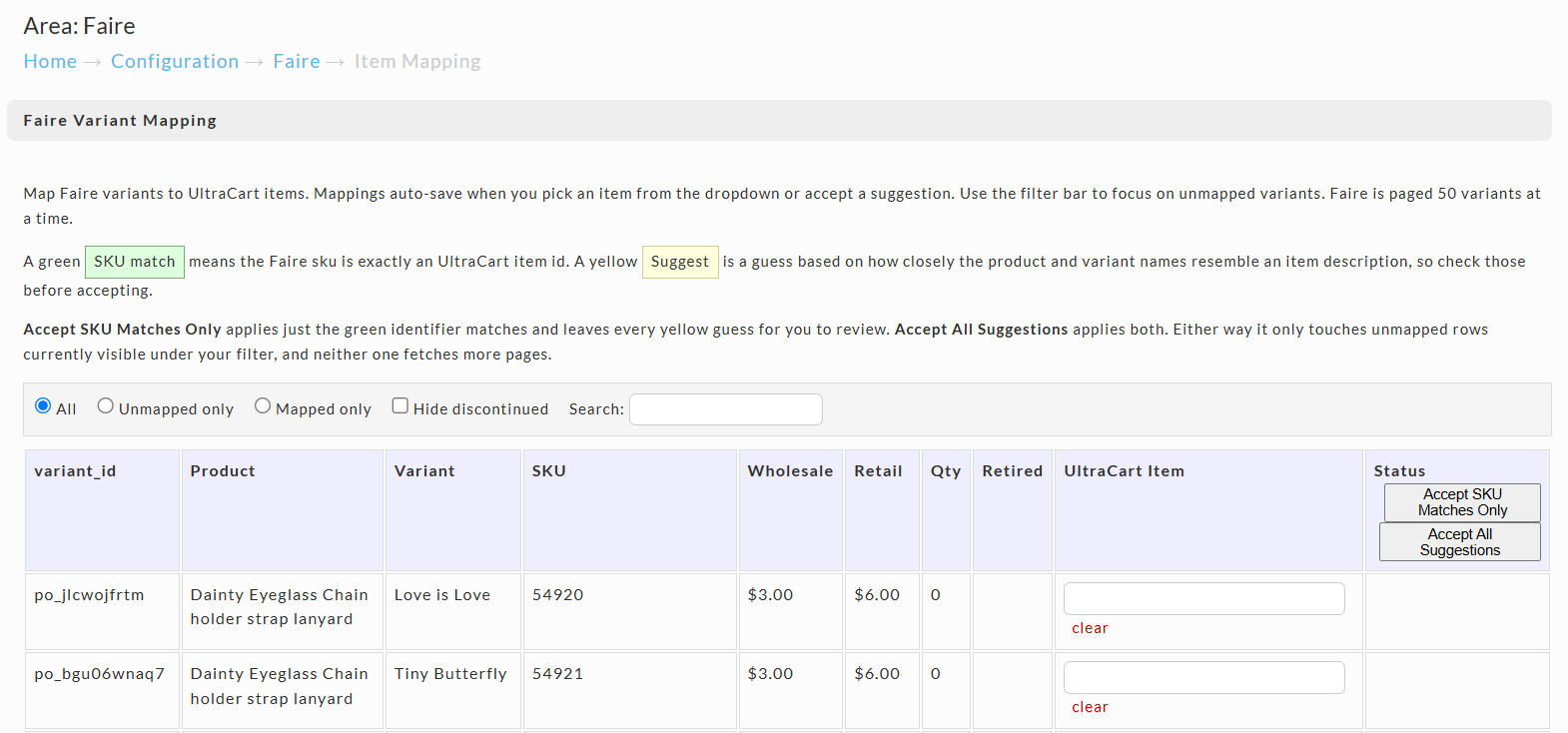 Faire Variant Mapping screen with the filter bar and variant table