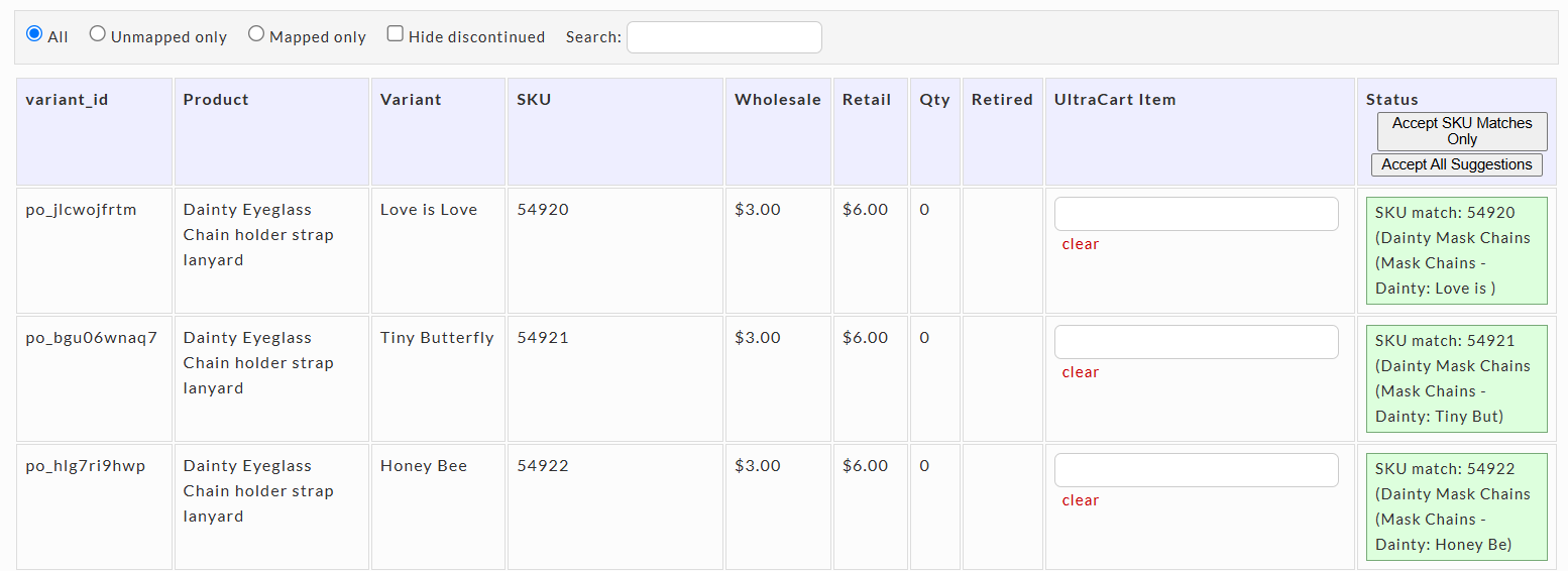 Unmapped variants with green SKU match suggestions in the Status column