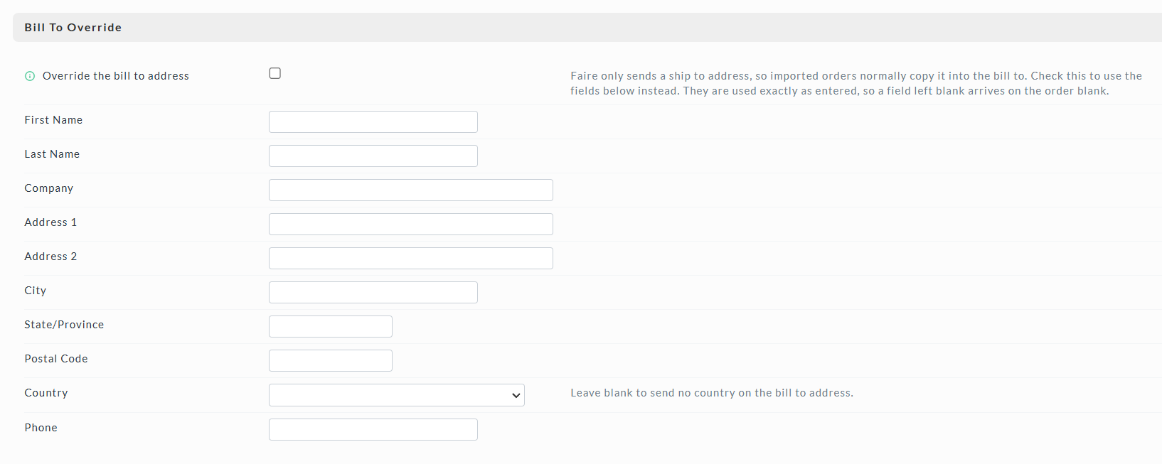 Bill To Override section with the override checkbox and address fields