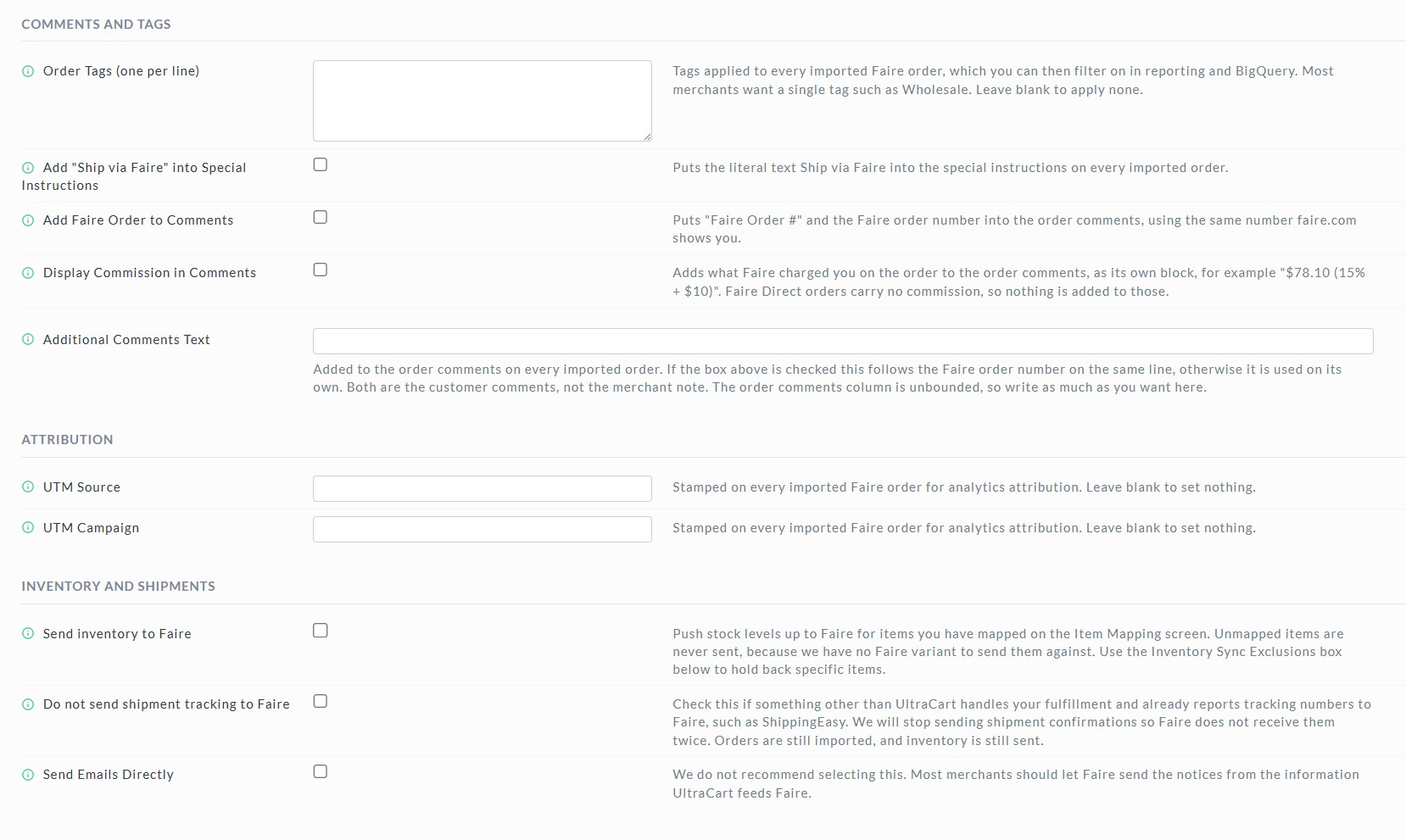 Comments and Tags, Attribution, and Inventory and Shipments sections