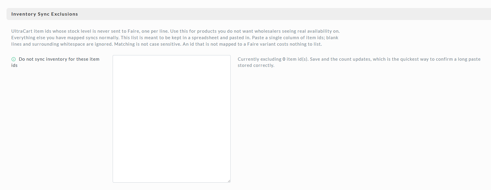 Inventory Sync Exclusions section with its excluded item count
