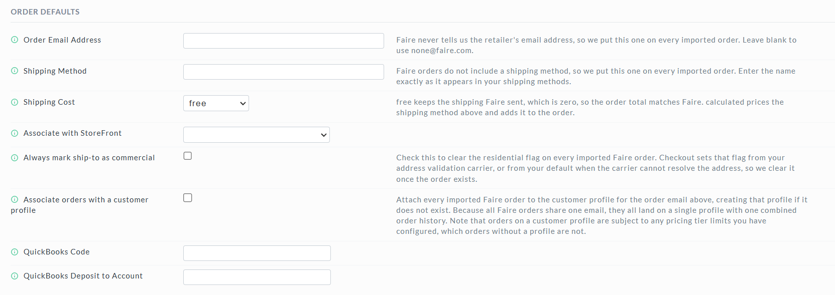 Order Defaults section of the Faire Settings screen