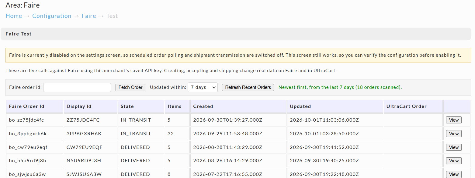 Faire Test screen with recent orders loaded