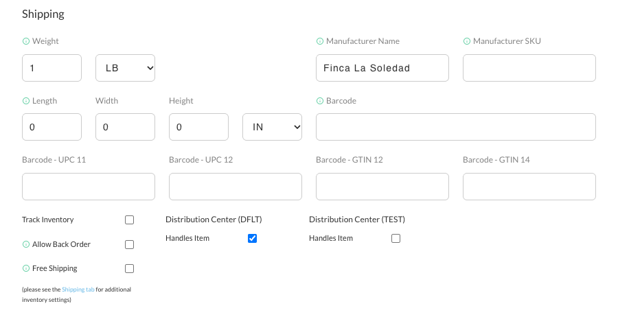 The Shipping section of the item editor's Item tab, with the Free Shipping checkbox below Track Inventory and Allow Back Order.