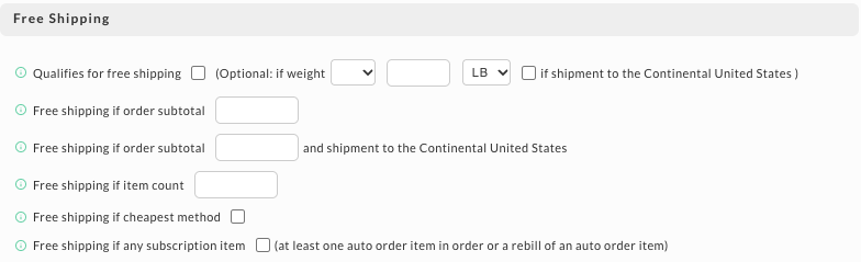 The Free Shipping section of a shipping method's Cost tab, with Qualifies for free shipping and its optional weight and continental United States conditions, followed by the subtotal, item count, cheapest method, and subscription item rules.