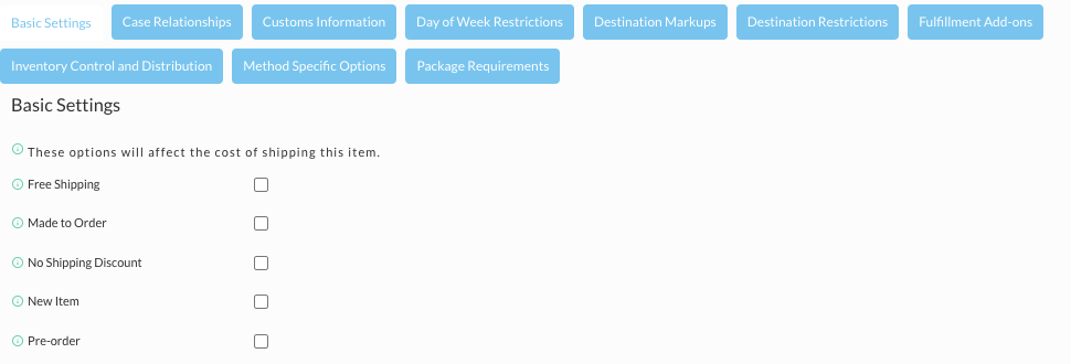 The Basic Settings of the item's Shipping tab, with the Free Shipping, Made to Order, No Shipping Discount, New Item, and Pre-order checkboxes.