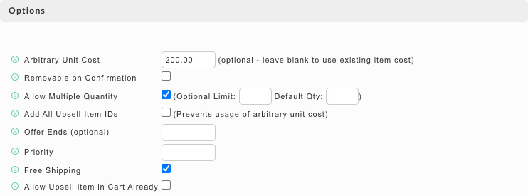 The Options section of a legacy Upsell After offer, with Arbitrary Unit Cost, Removable on Confirmation, Allow Multiple Quantity, Add All Upsell Item IDs, Offer Ends, Priority, Free Shipping ticked, and Allow Upsell Item in Cart Already.