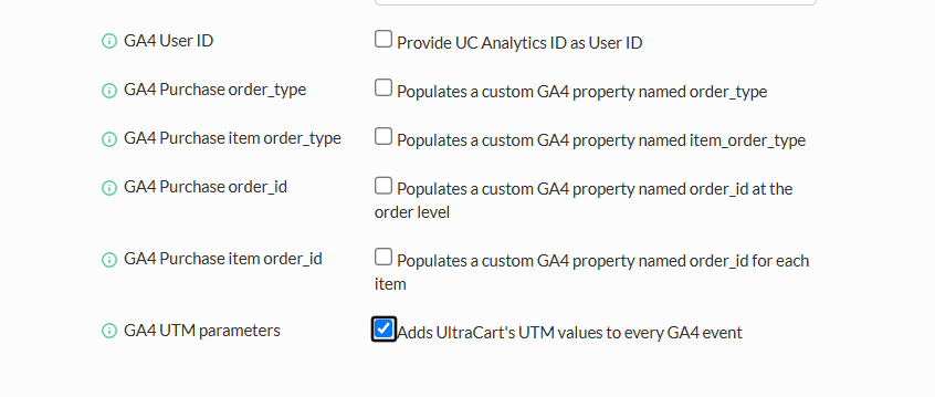 The GA4 options in the Analytics section, with the GA4 UTM parameters checkbox selected below GA4 Purchase item order_id