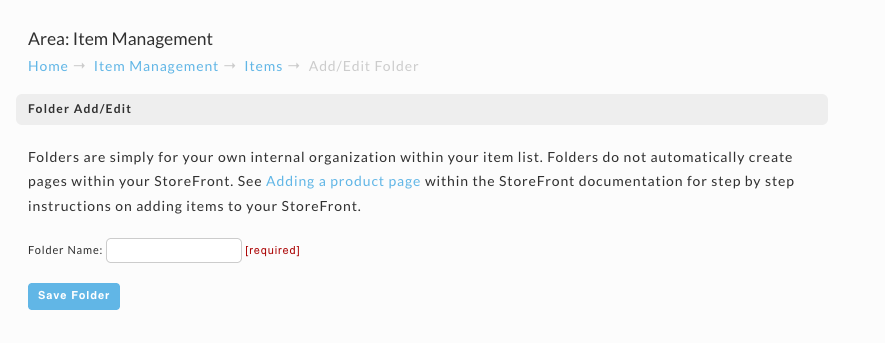 The Folder Add/Edit screen, with a single required Folder Name field and a Save Folder button.