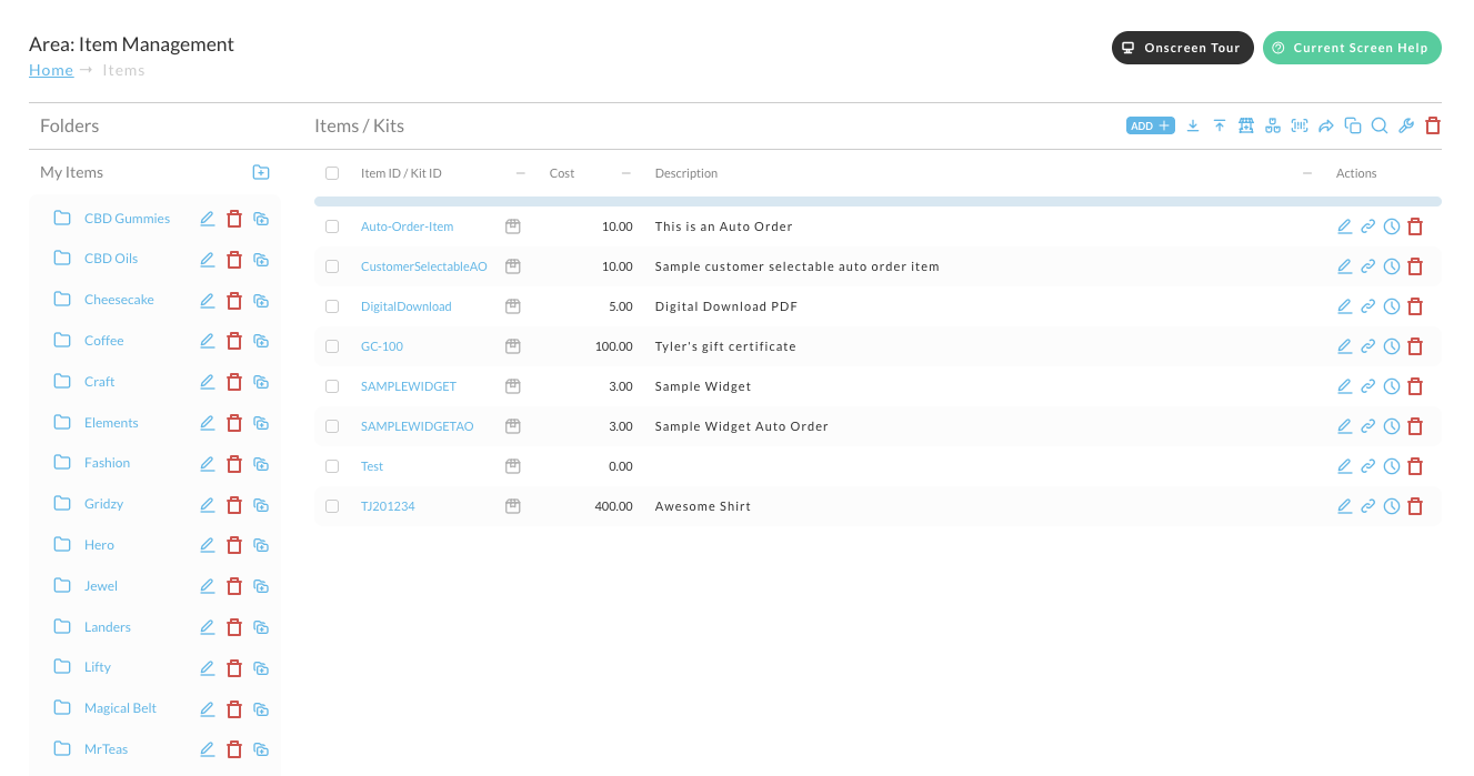 The Item Management screen. A Folders panel on the left lists folders under the My Items root, each with edit, delete, and a third action icon. The Items / Kits list on the right shows Item ID, Cost, Description, and Actions columns.