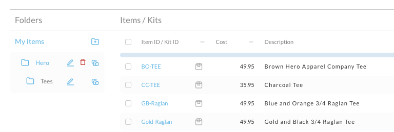 The Folders panel showing a Tees sub-folder nested and indented beneath the Hero folder.