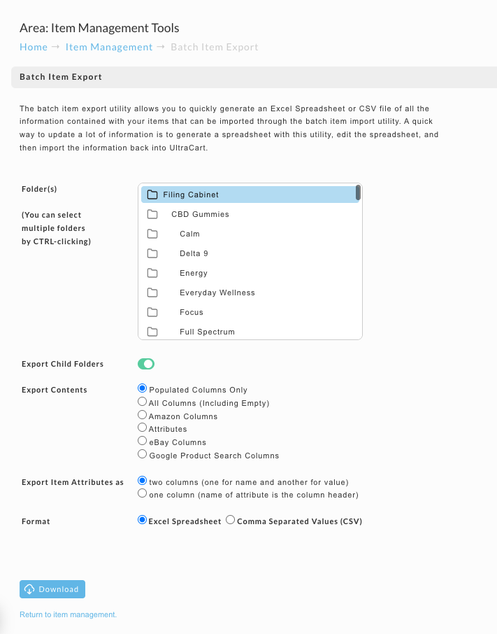 The Batch Item Export screen, with a scrollable folder list, Export Child Folders toggle, Export Contents options, Export Item Attributes as options, Format selection, and a Download button.