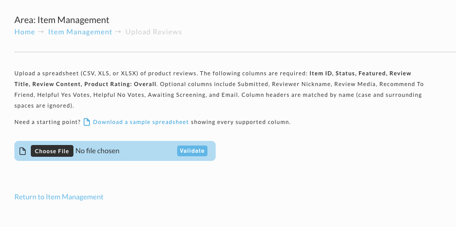 The Upload Reviews screen, listing the required and optional spreadsheet columns above a Choose File control and a Validate button.