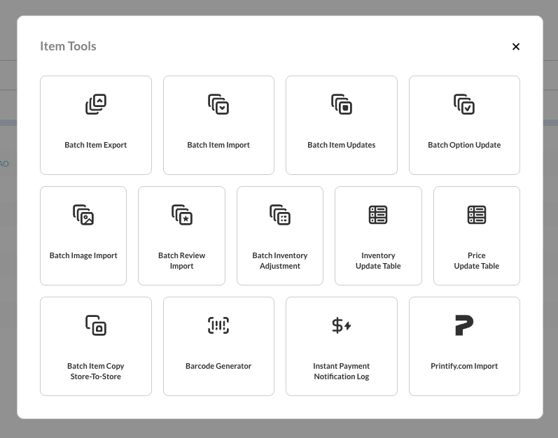 The Item Tools modal, showing thirteen tools arranged in three rows.