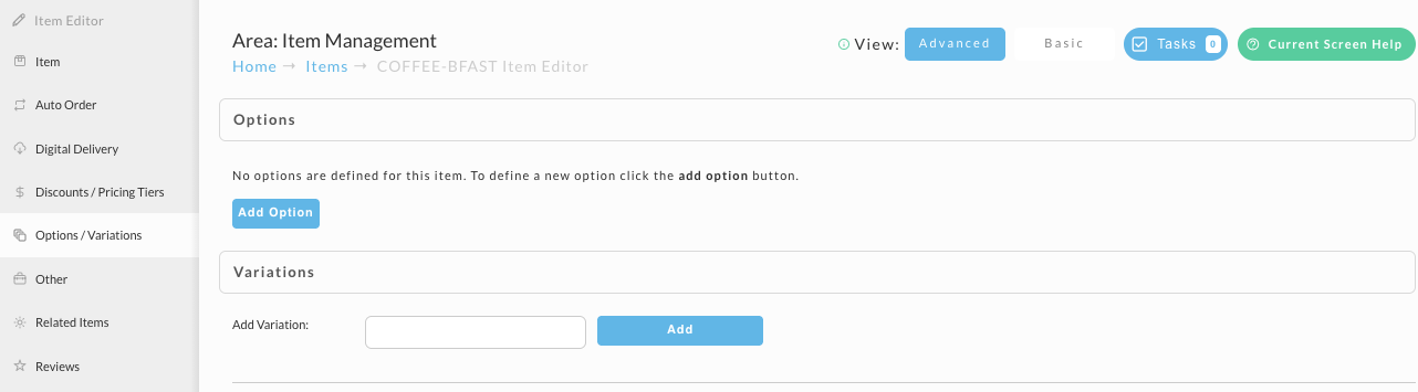 The top of the Options / Variations tab, with the Options section and its Add Option button, and the Variations section with an Add Variation box.