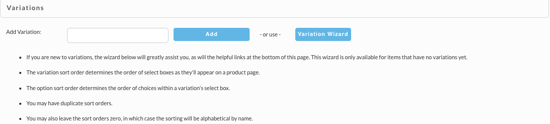 The Variations section of an item with no variations, showing the Add Variation box, the Variation Wizard button, and notes on sort order.