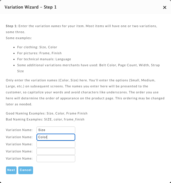 Variation Wizard Step 1, with Size and Color entered as variation names.