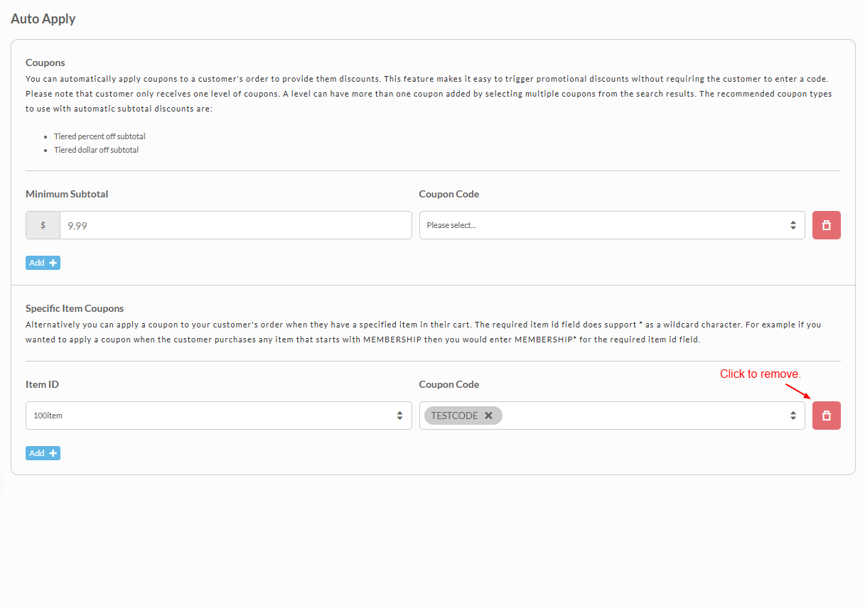 Auto Apply section of the Coupons screen with the delete icon next to each rule