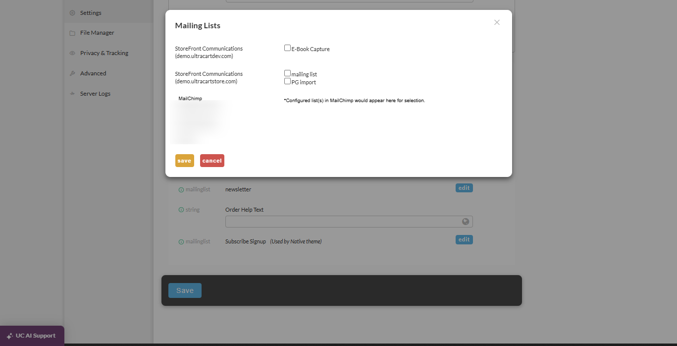 Mailing Lists dialog showing a StoreFront Communications row and a MailChimp row, each with checkboxes for the mailing lists configured on that service