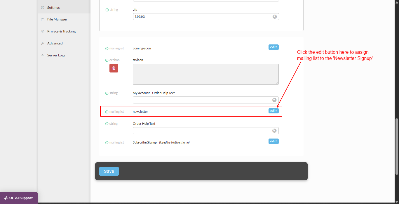 Settings list for a StoreFront host's General tab, with the edit button next to the newsletter mailing list entry outlined in red and an arrow labeled "Click the edit button here to assign mailing list to the 'Newsletter Signup'"
