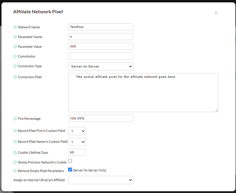 Affiliate Network Pixel editor popup showing Network Name, Parameter Name/Value, Conversion Type, and related fields.