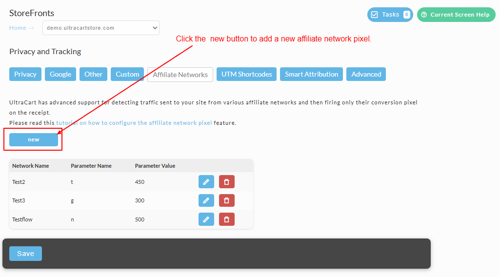Affiliate Networks tab with the New button highlighted to add a network pixel.