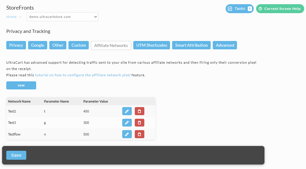 StoreFront Conversion Tracking, Affiliate Networks tab showing configured network pixel entries.