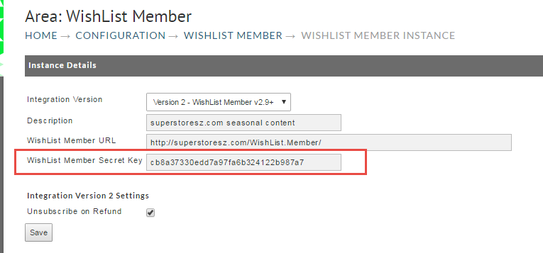The WishList Member Secret Key field on the integration screen