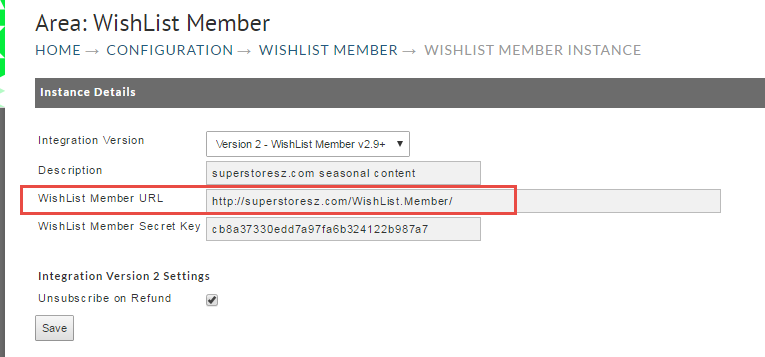 The WishList Member URL field on the integration screen
