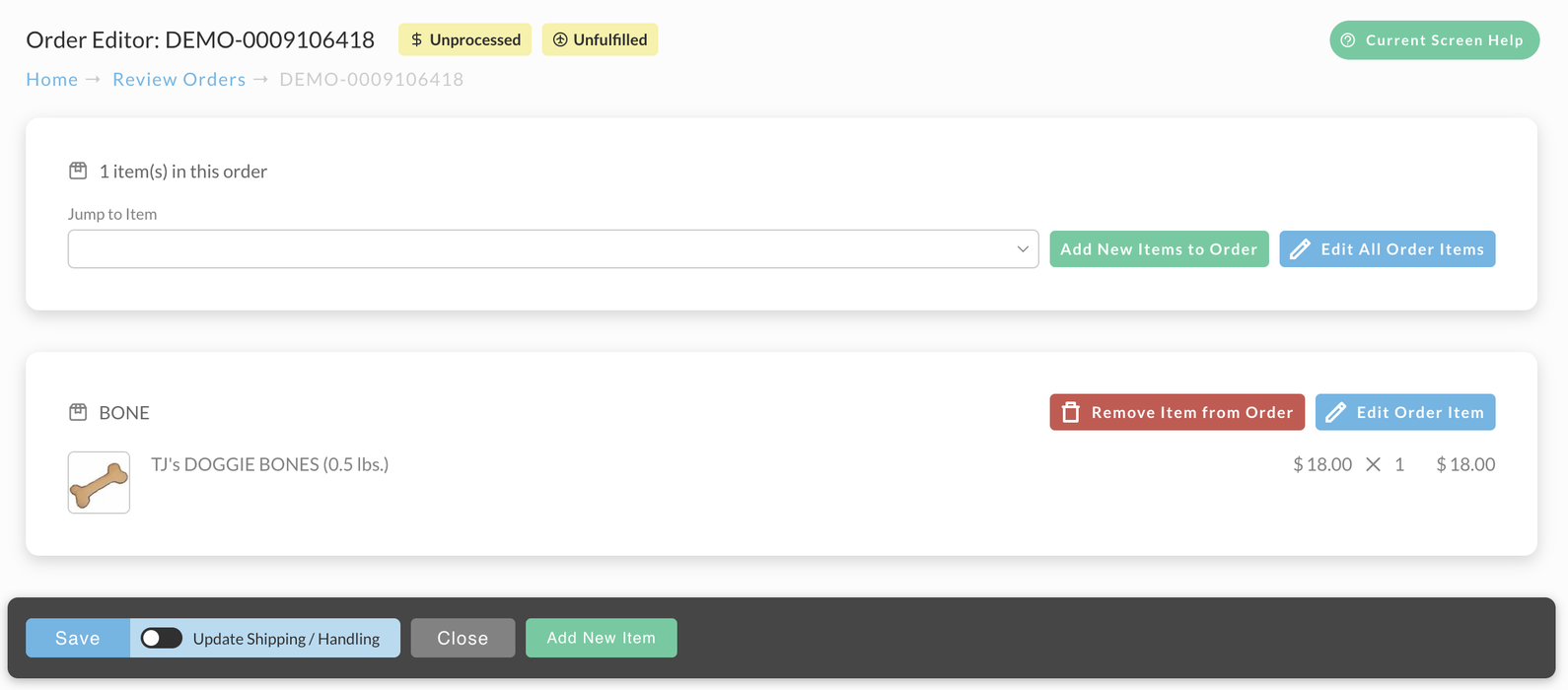 The order editor's Items view, with Jump to Item, Add New Items to Order, and Edit All Order Items at the top, Remove Item from Order and Edit Order Item on each item, and Save, the Update Shipping / Handling toggle, Close, and Add New Item in the bar at the bottom.