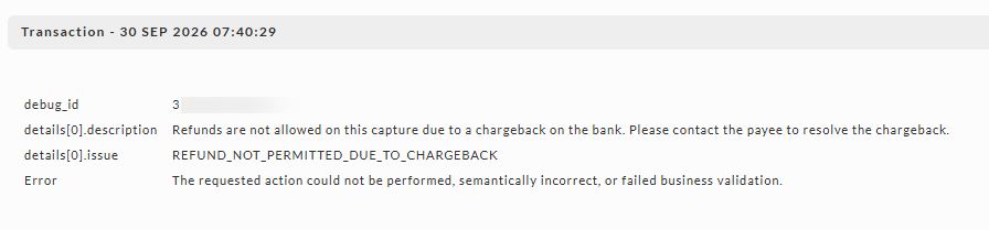 Transaction History entry showing PayPal's REFUND_NOT_PERMITTED_DUE_TO_CHARGEBACK response to a refund attempt.