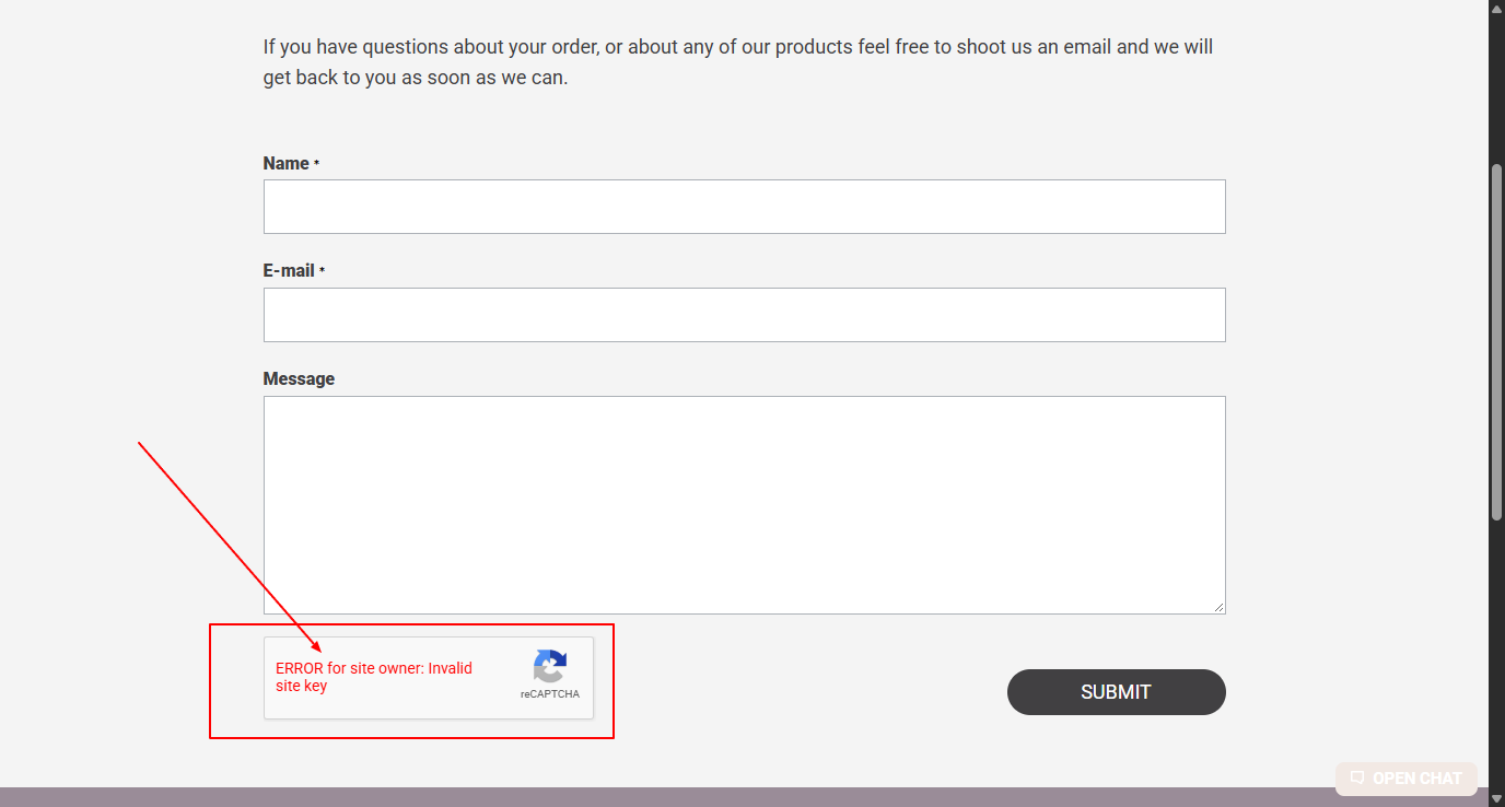 reCAPTCHA widget on a contact form showing "ERROR for site owner: Invalid site key" instead of the "I'm not a robot" checkbox