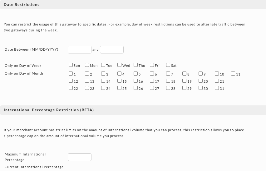 The Date Restrictions section with the Date Between fields and checkboxes for each day of the week and each day of the month, and the International Percentage Restriction section below it.