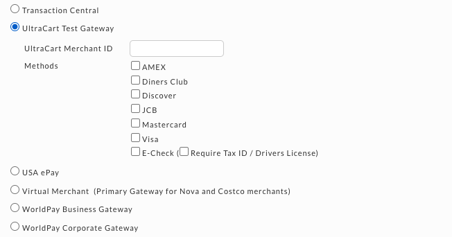 The UltraCart Test Gateway selected in the gateway list, showing its UltraCart Merchant ID field and the Methods checkboxes for AMEX, Diners Club, Discover, JCB, Mastercard, Visa, and E-Check.