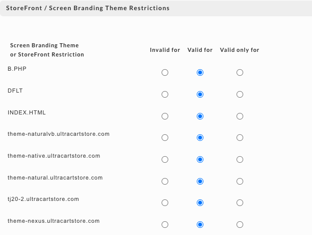 The StoreFront / Screen Branding Theme Restrictions table, listing themes and StoreFronts with Invalid for, Valid for, and Valid only for options, all set to Valid for.