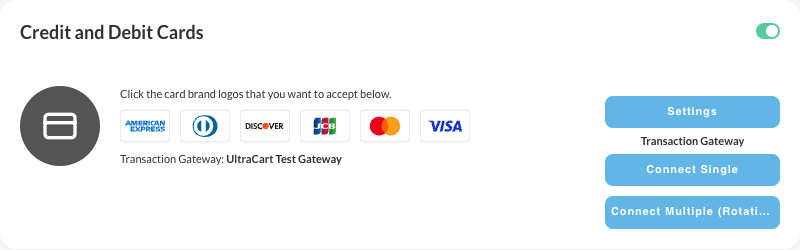 The Credit and Debit Cards section of the Payments screen, showing the accepted card brands, the current transaction gateway, and the Settings, Connect Single, and Connect Multiple (Rotating) buttons.