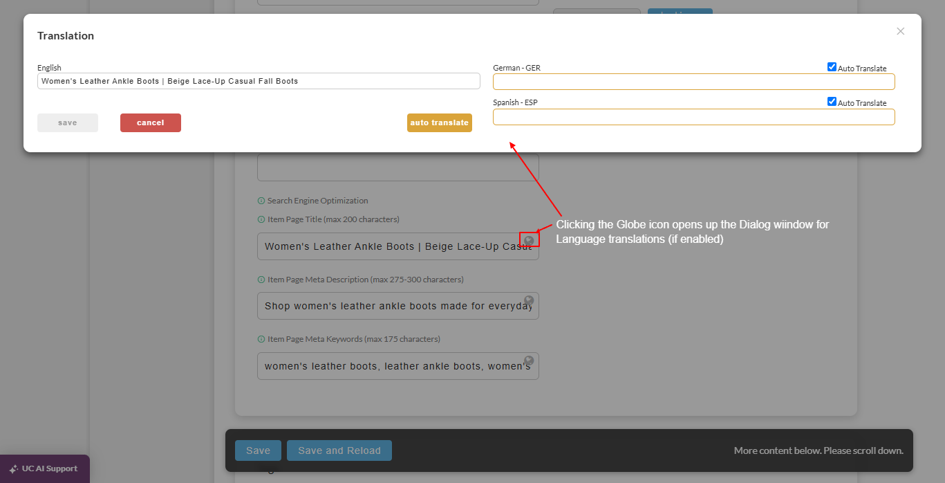 The Translation dialog for an item's SEO fields, with the English value filled in and empty German and Spanish fields, each with Auto Translate checked.