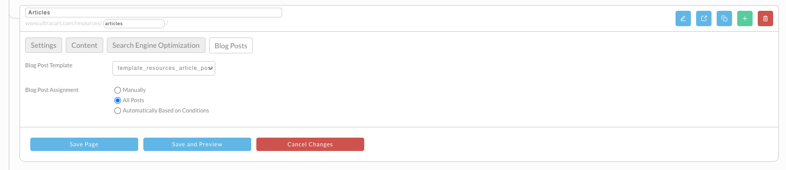 The Blog Posts tab on a page named Articles, with Blog Post Assignment set to All Posts.
