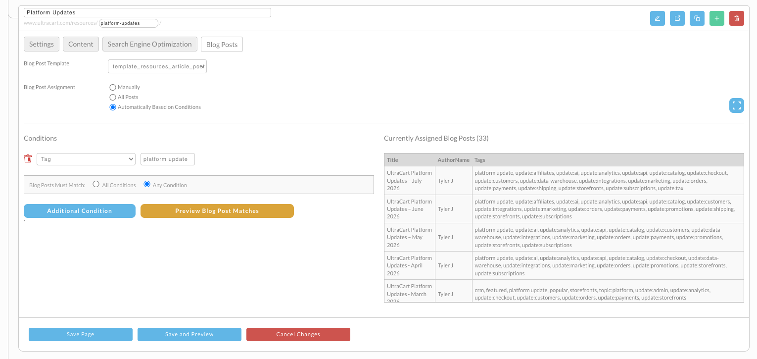 The same tab with Automatically Based on Conditions selected, showing a Tag condition set to "platform update" and a panel listing 33 currently assigned blog posts.