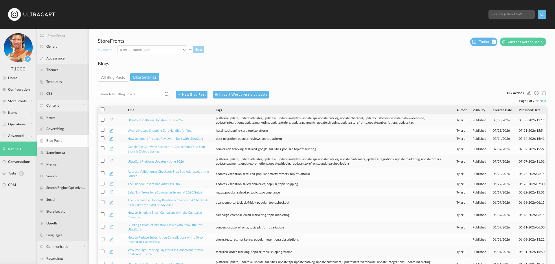 The Blogs screen, showing the All Blog Posts list with title, tags, author, visibility, and created and published dates for each post.