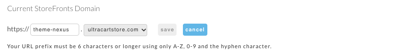 The URL prefix editor, showing https:// followed by a prefix box, a choice of ultracartstore.com, and save and cancel buttons, with the rule for valid prefixes below.