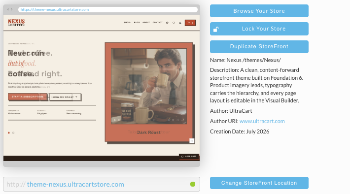 The General screen of a StoreFront, with the store preview, the address theme-nexus.ultracartstore.com with a green status dot, and the Change StoreFront Location button.