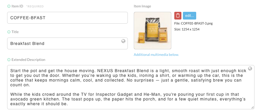 The Item editor for a coffee item, with a globe icon at the right edge of the Title box and of the Extended Description box.