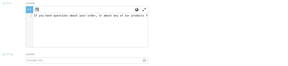 The Content tab of the contact page, with a globe in the HTML editor toolbar for the content setting and a globe inside the subtitle text box.