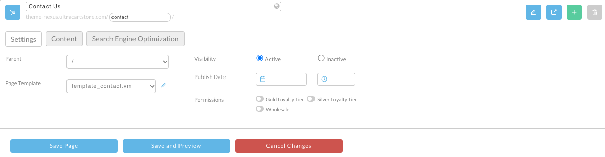 The contact page open on the Pages screen, with a globe icon at the right edge of the page title box.