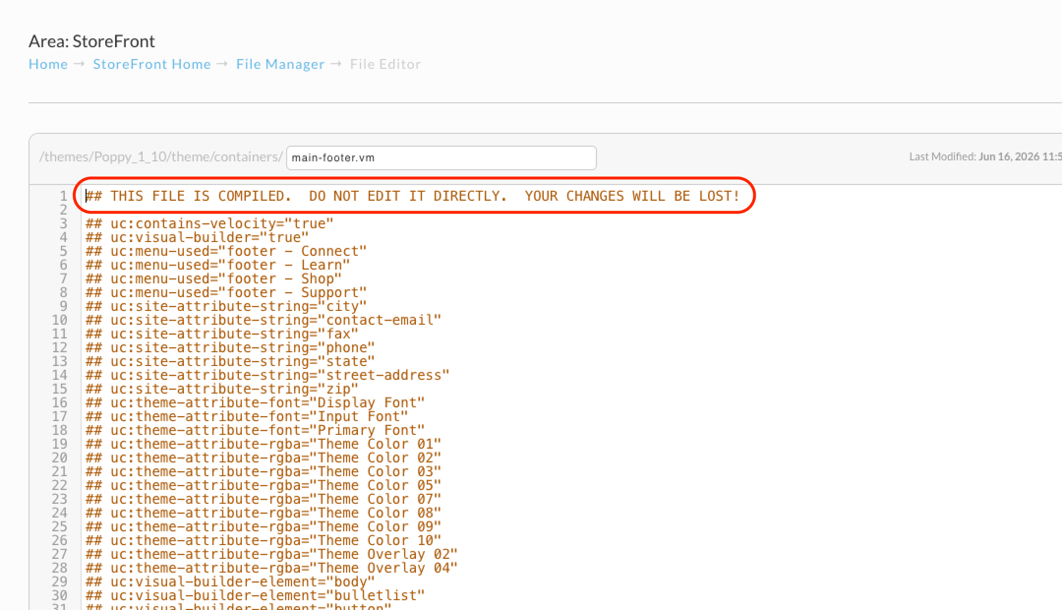 The File Editor open on a compiled main-footer.vm file, with the "THIS FILE IS COMPILED. DO NOT EDIT IT DIRECTLY. YOUR CHANGES WILL BE LOST!" banner circled at the top