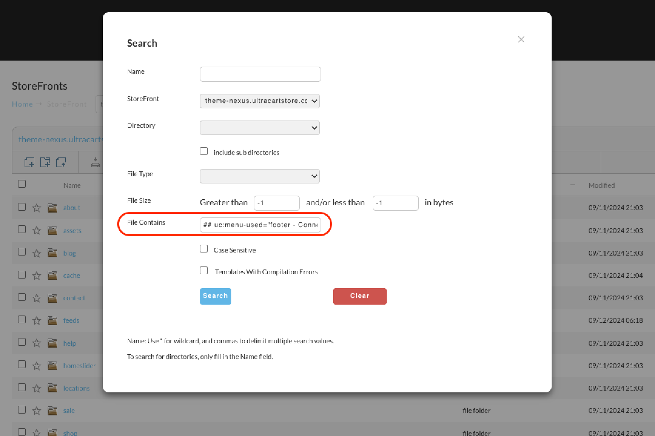 The File Manager search dialog with the File Contains field circled, containing the text ## uc="footer - Connect"